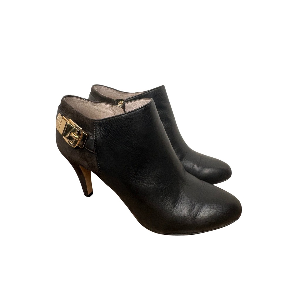 Vince‎ Camuto Velino Black Leather Suede Buckle Ankle Booties Gold Hardware 6.5M